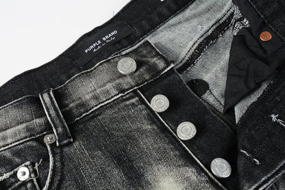 PURPLE  Men Streetwear Denim Shorts Grey Black Wash with Leopard Print Ripped Details and Raw Hem 5068