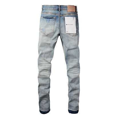 PURPLE   Men Streetwear Skinny Jeans Light Blue Wash with Subtle White Pattern Wash 9013