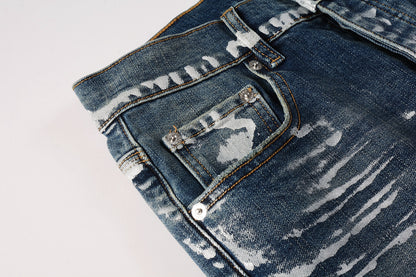 PURPLE  Men Streetwear Skinny Jeans Dark Blue Wash with White Brushstroke Distress 9040