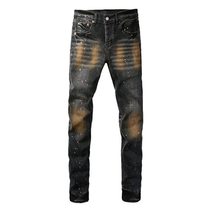 PURPLE  Men’s Black Skinny Jeans with Rust-Toned Wash and Multicolor Paint Splatter Artistic Distressed Street 9109