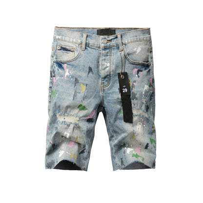 PURPLE  Men Streetwear Denim Shorts Light Blue Wash with Colorful Paint Splashes and Distressed Raw Hem 5066