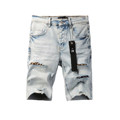 PURPLE Men Streetwear Denim Shorts Light Blue Wash with Leopard Print Patched Rips 5087
