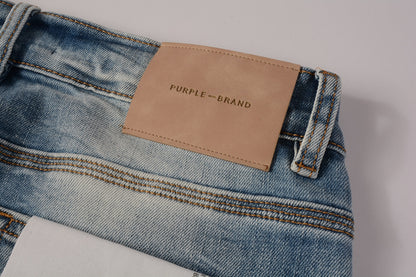 PURPLE  Men Streetwear Skinny Jeans Light Blue Wash with Faded Gradient Finish 9016