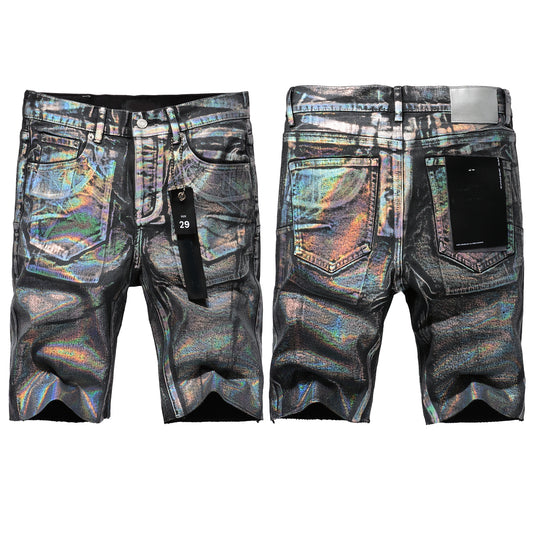 PURPLE  Men Streetwear Denim Shorts Black Wash with Holographic Reflective Finish and Raw Hem 5028