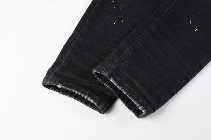 PURPLE   Men Streetwear Skinny Jeans Black Wash with Knee Rips and White Paint Specks 9035