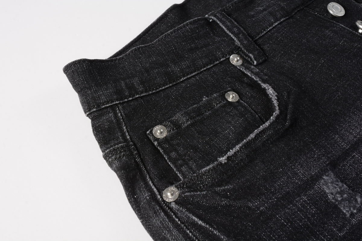 PURPLE   Men Streetwear Denim Shorts Black Wash with Distressed Rips and Raw Hem 5083