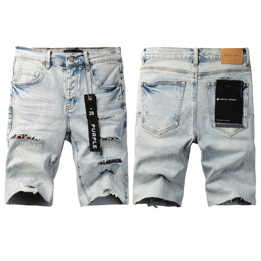 PURPLE Men Streetwear Denim Shorts Light Blue Wash with Leopard Print Patched Rips 5087