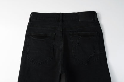 PURPLE  Men Streetwear Black Denim Shorts with Distressed Ripped Details and Raw Hem 5108