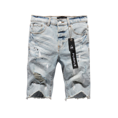 PURPLE  Men Streetwear Denim Shorts Light Blue Wash with White Paint Splatters and Distressed Raw Hem 5006