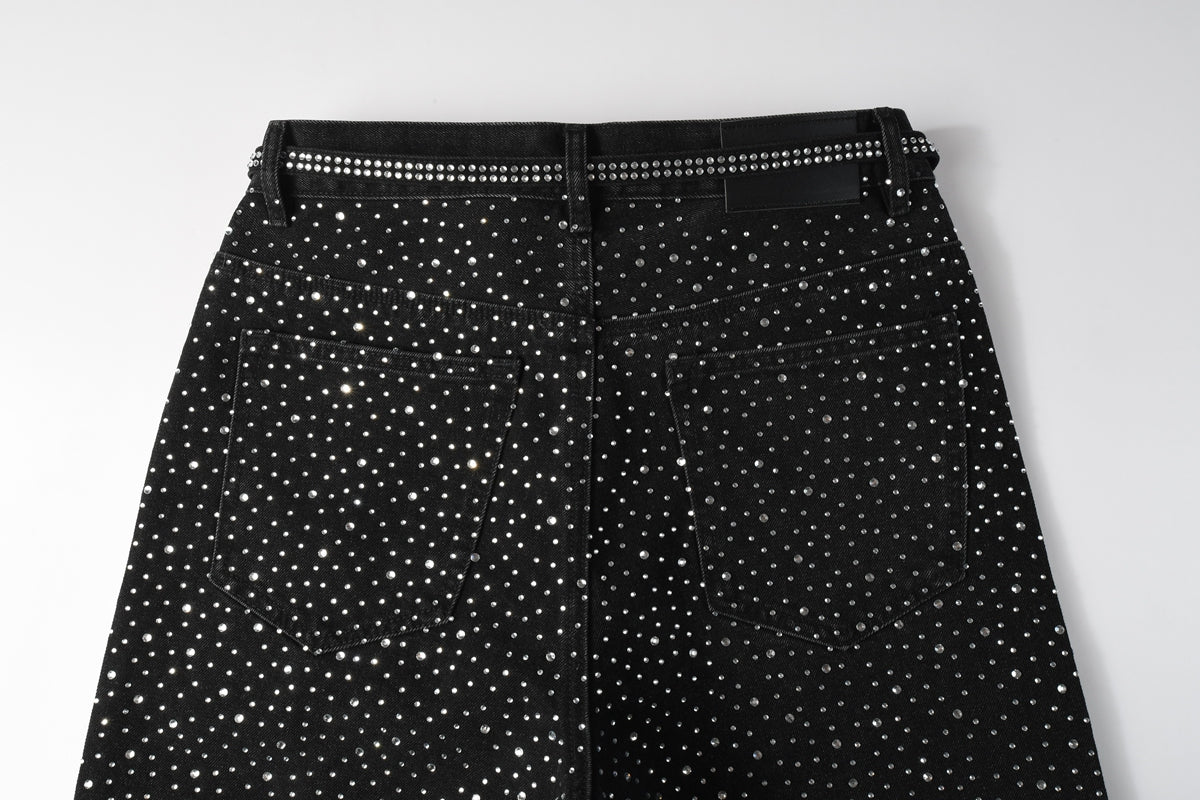 PURPLE  Men Streetwear Black Denim Shorts with Allover Rhinestone Studs and Zipper Details 5095