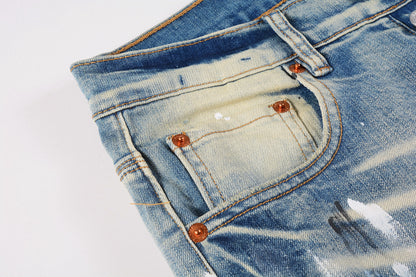 PURPLE  Men Streetwear Skinny Jeans Light Blue Wash with White Paint Splatter and Distressed Rips 9007