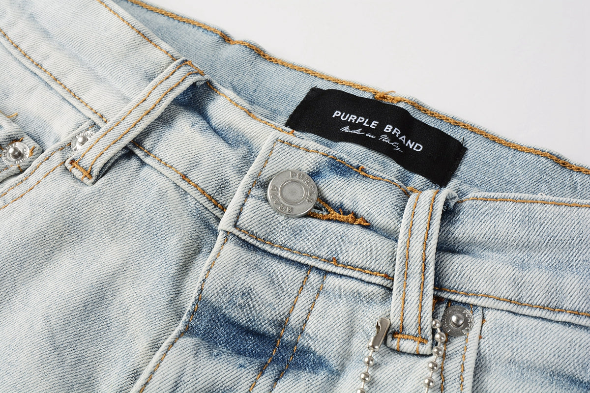 PURPLE  Men Streetwear Denim Shorts Light Blue Wash with Black Paint Streak Print and Raw Hem 5048