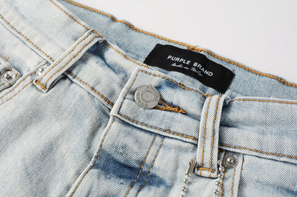 PURPLE  Men Streetwear Denim Shorts Light Blue Wash with Black Paint Streak Print and Raw Hem 5048