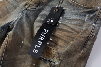 PURPLE  Men Streetwear Denim Shorts Brownish Wash with White Paint Splashes and Distressed Raw Hem 5012