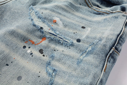 PURPLE  Men Streetwear Denim Shorts Light Blue Wash with Colorful Paint Splashes and Distressed Raw Hem 5071