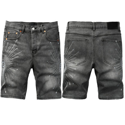 PURPLE  Men Streetwear Grey Denim Shorts with Radial Rhinestone Burst Patterns 5094