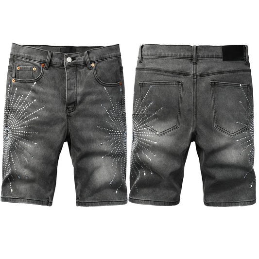PURPLE  Men Streetwear Grey Denim Shorts with Radial Rhinestone Burst Patterns 5094