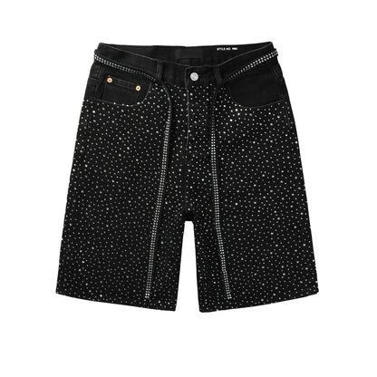 PURPLE  Men Streetwear Black Denim Shorts with Allover Rhinestone Studs and Zipper Details 5095