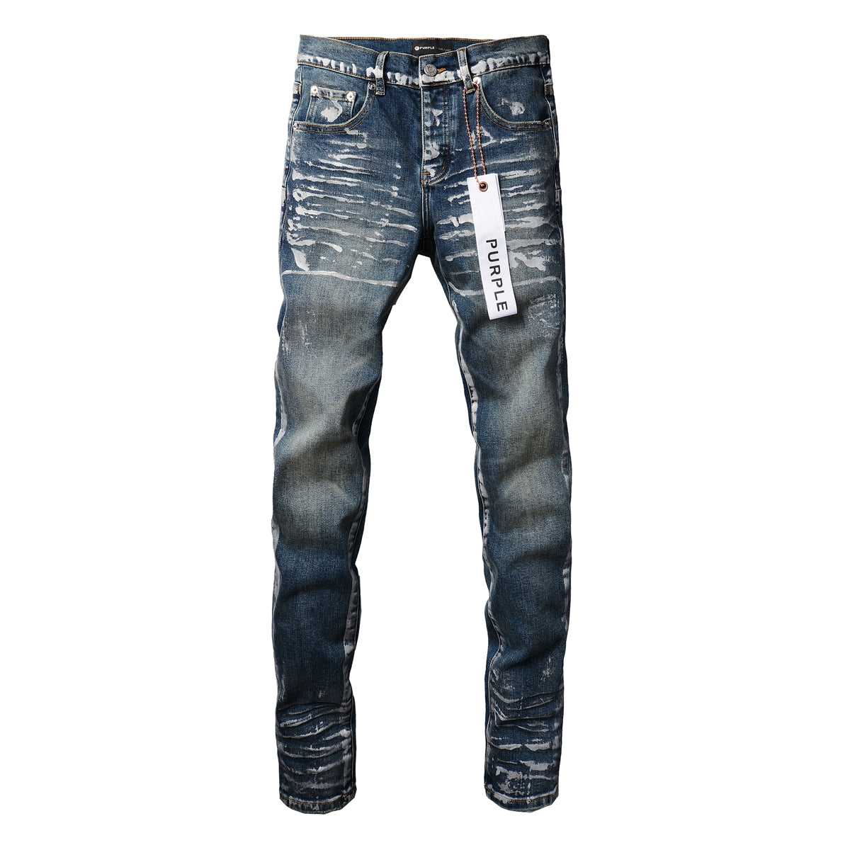 PURPLE  Men Streetwear Skinny Jeans Dark Blue Wash with White Brushstroke Distress 9040