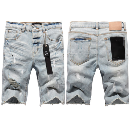 PURPLE  Men Streetwear Denim Shorts Light Blue Wash with White Paint Splatters and Distressed Raw Hem 5006