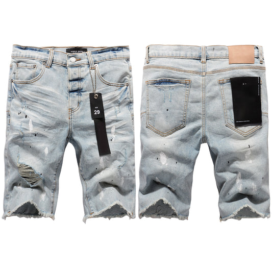 PURPLE  Men Streetwear Denim Shorts Light Blue Wash with White Paint Splatters and Distressed Raw Hem 5006
