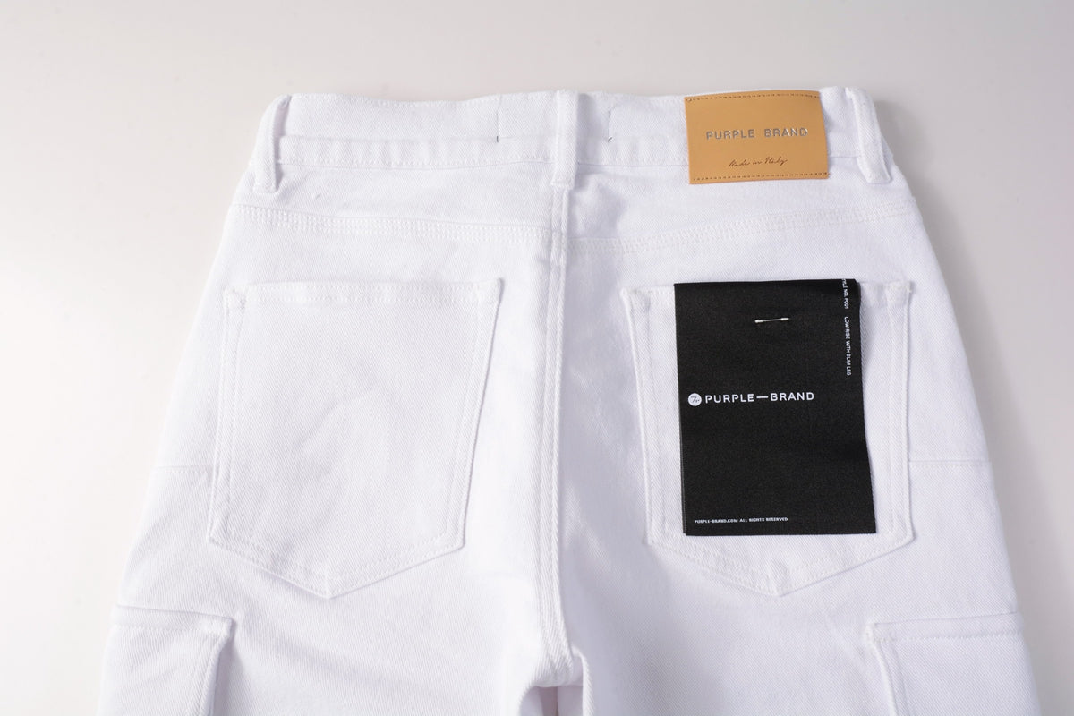 PURPLE  Men Streetwear White Cargo Denim Shorts with Multiple Pockets and Raw Hem 5082