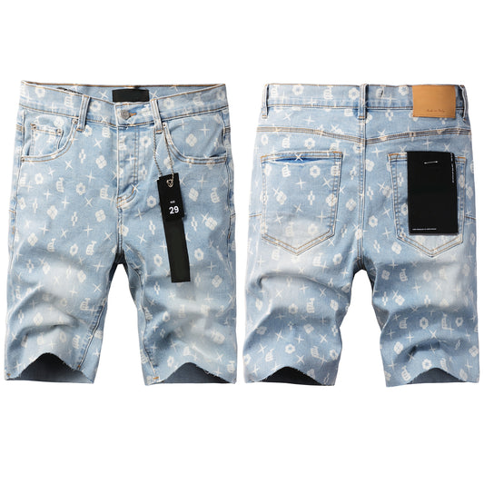 PURPLE  Men Streetwear Denim Shorts Light Blue Wash with White Geometric Print and Raw Hem 5089