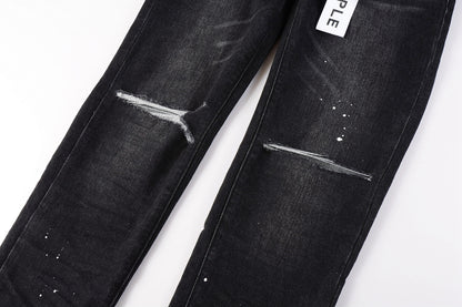 PURPLE   Men Streetwear Skinny Jeans Black Wash with Knee Rips and White Paint Specks 9035