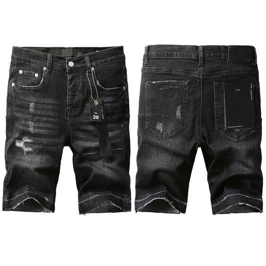 PURPLE   Men Streetwear Denim Shorts Black Wash with Distressed Rips and Raw Hem 5083