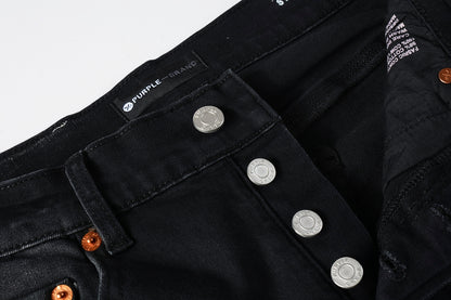 PURPLE   Men Streetwear Skinny Jeans Black Fade Wash with White Paint Splatter and Distressed Rips 9002