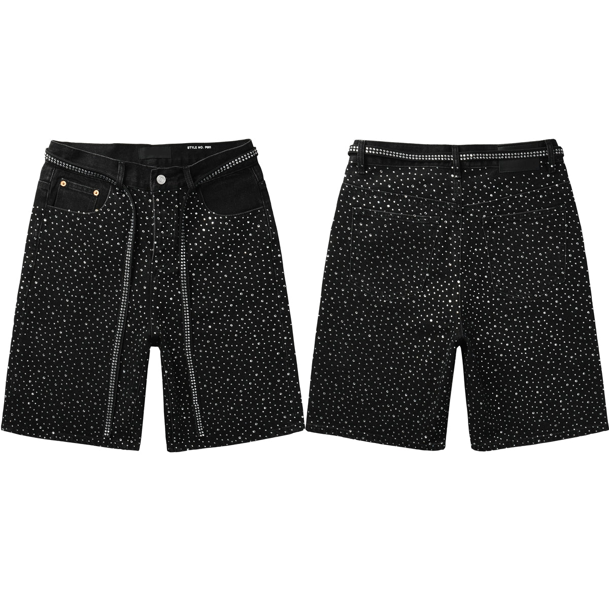 PURPLE  Men Streetwear Black Denim Shorts with Allover Rhinestone Studs and Zipper Details 5095