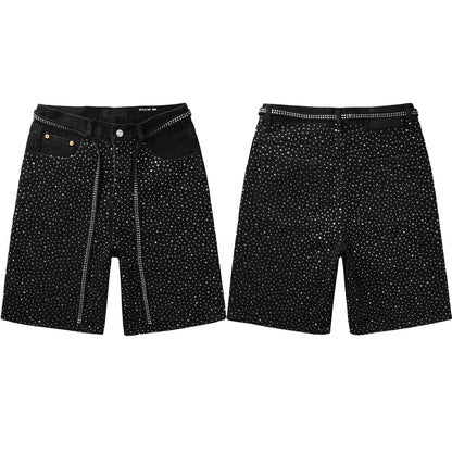 PURPLE  Men Streetwear Black Denim Shorts with Allover Rhinestone Studs and Zipper Details 5095