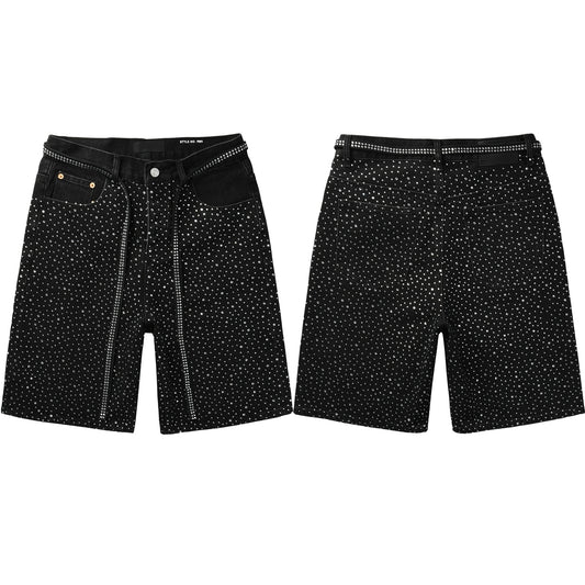 PURPLE  Men Streetwear Black Denim Shorts with Allover Rhinestone Studs and Zipper Details 5095