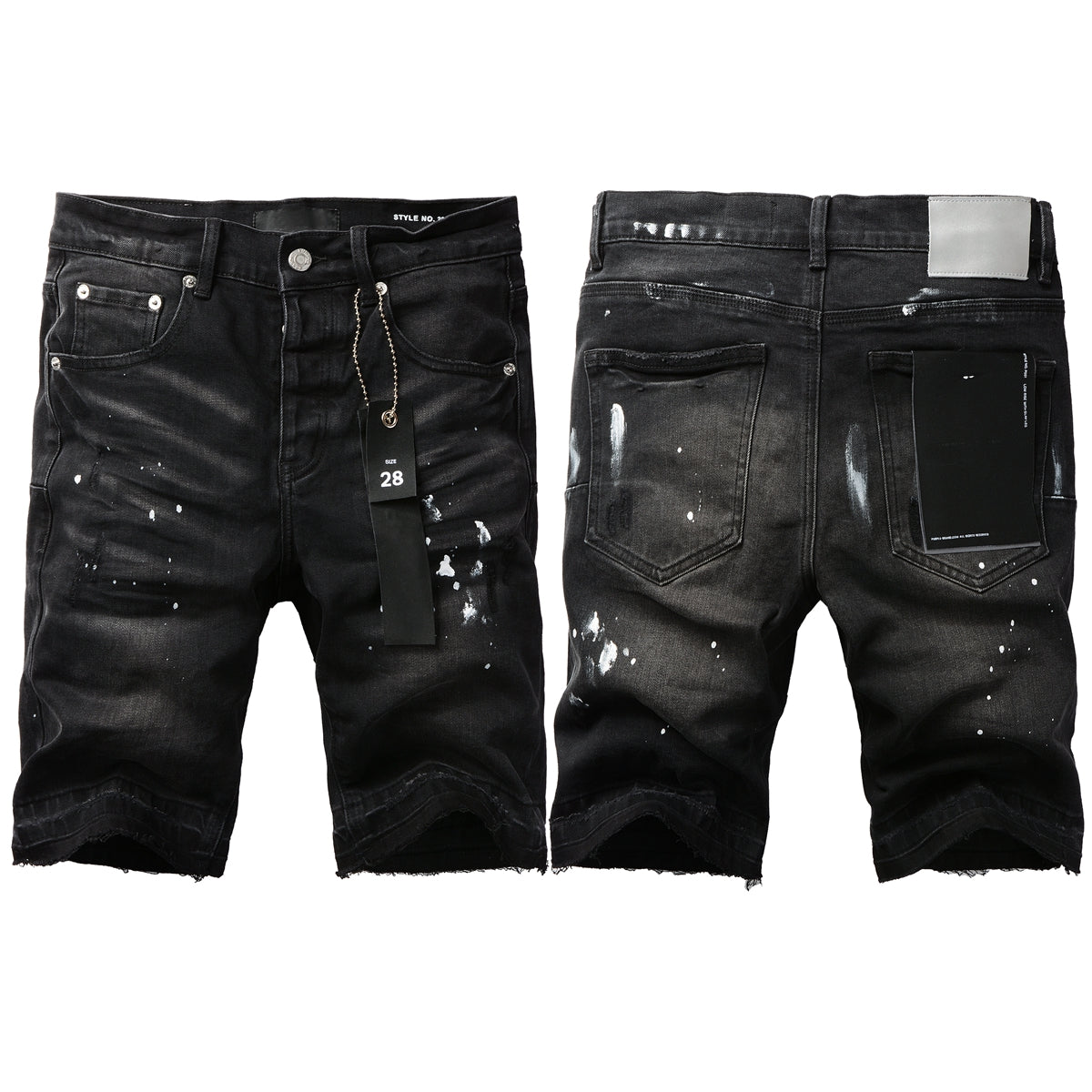 PURPLE  Men Streetwear Denim Shorts Black Wash with White Paint Splashes and Raw Hem 5002