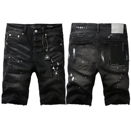 PURPLE  Men Streetwear Denim Shorts Black Wash with White Paint Splashes and Raw Hem 5002
