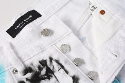 PURPLE  Men Streetwear Denim Shorts White Wash with Blue - Black Ink Floral Print and Raw Hem 5065