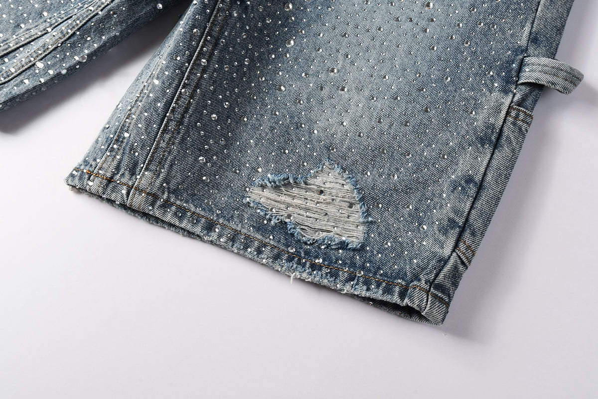 PURPLE  Men Streetwear Cargo Denim Shorts Light Blue Wash with Rhinestone Embellishment and Distressed Details 5097