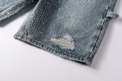 PURPLE  Men Streetwear Cargo Denim Shorts Light Blue Wash with Rhinestone Embellishment and Distressed Details 5097