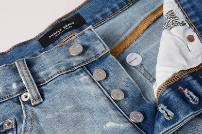 PURPLE  Men Streetwear Light Blue Denim Shorts with Vintage Wash and Raw Hem Finish 5091