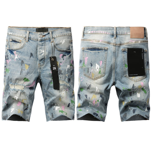 PURPLE  Men Streetwear Denim Shorts Light Blue Wash with Colorful Paint Splashes and Distressed Raw Hem 5066