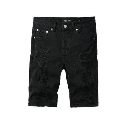 PURPLE  Men Streetwear Black Denim Shorts with Distressed Ripped Details and Raw Hem 5108
