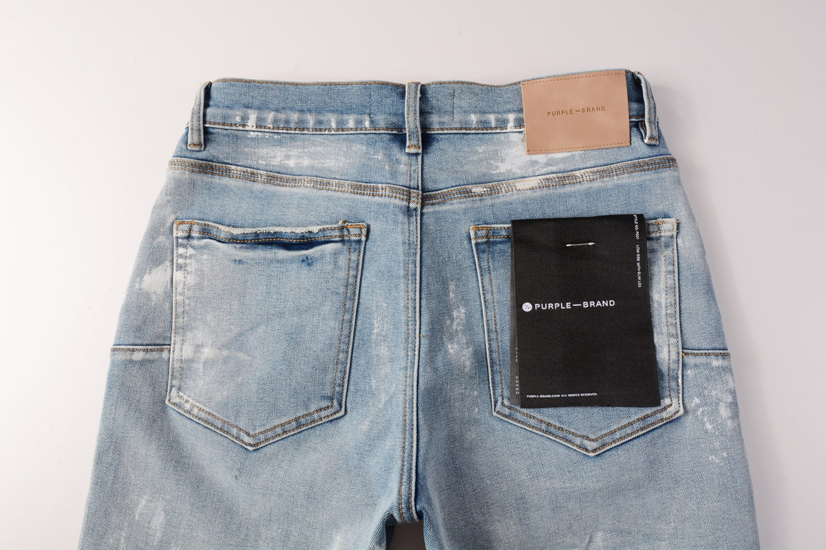 PURPLE  Men Streetwear Light Blue Denim Shorts with Vintage Wash and Raw Hem Finish 5091