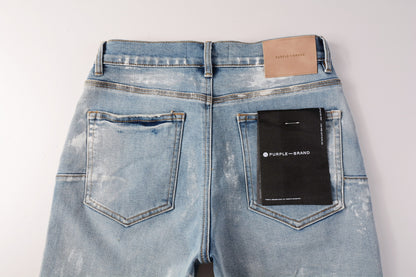 PURPLE  Men Streetwear Light Blue Denim Shorts with Vintage Wash and Raw Hem Finish 5091