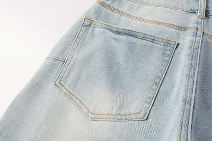 PURPLE  Men Streetwear Denim Shorts Light Blue Wash with Side Zipper and Distressed Raw Hem 5086