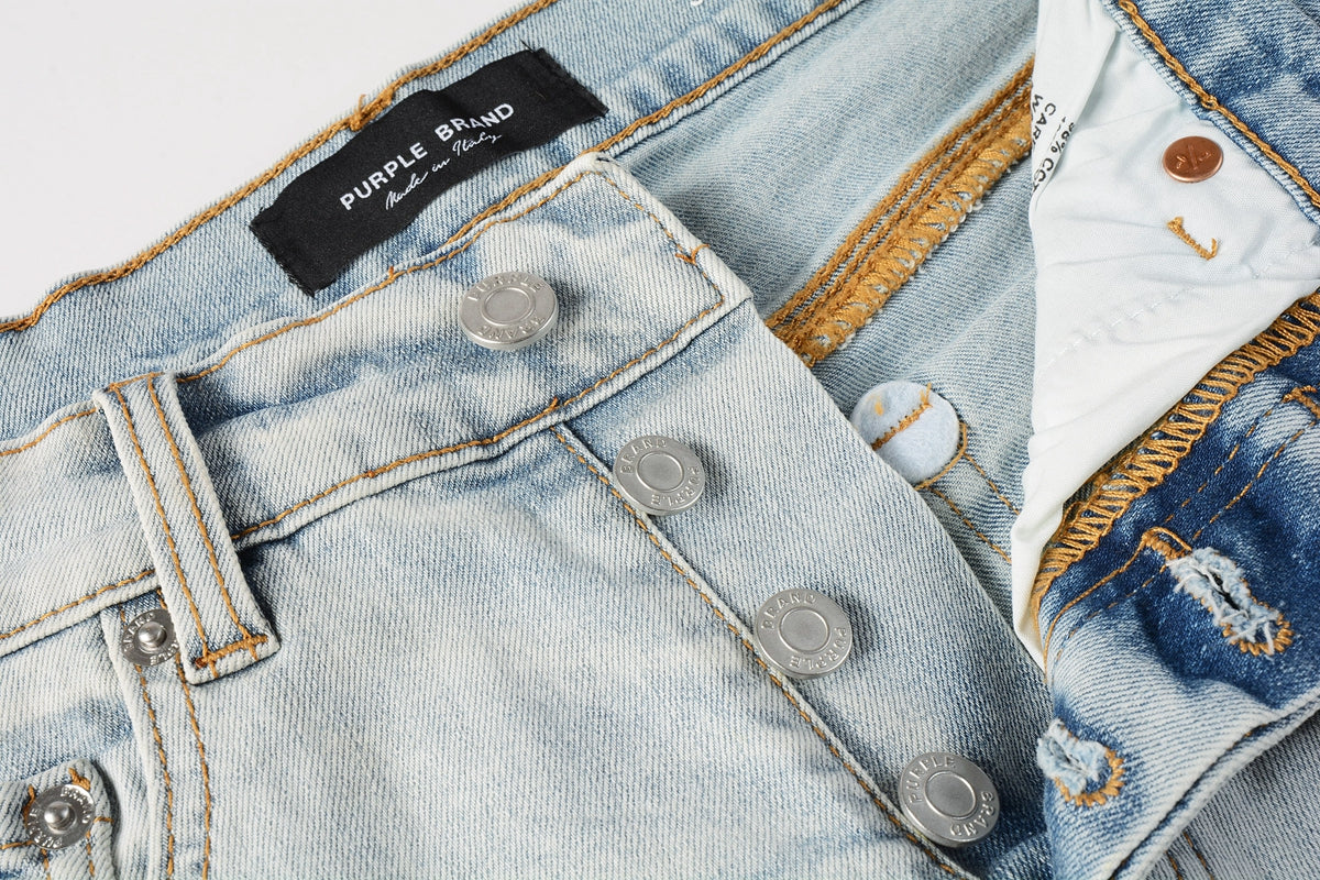 PURPLE  Men Streetwear Denim Shorts Light Blue Wash with Black Paint Streak Print and Raw Hem 5048