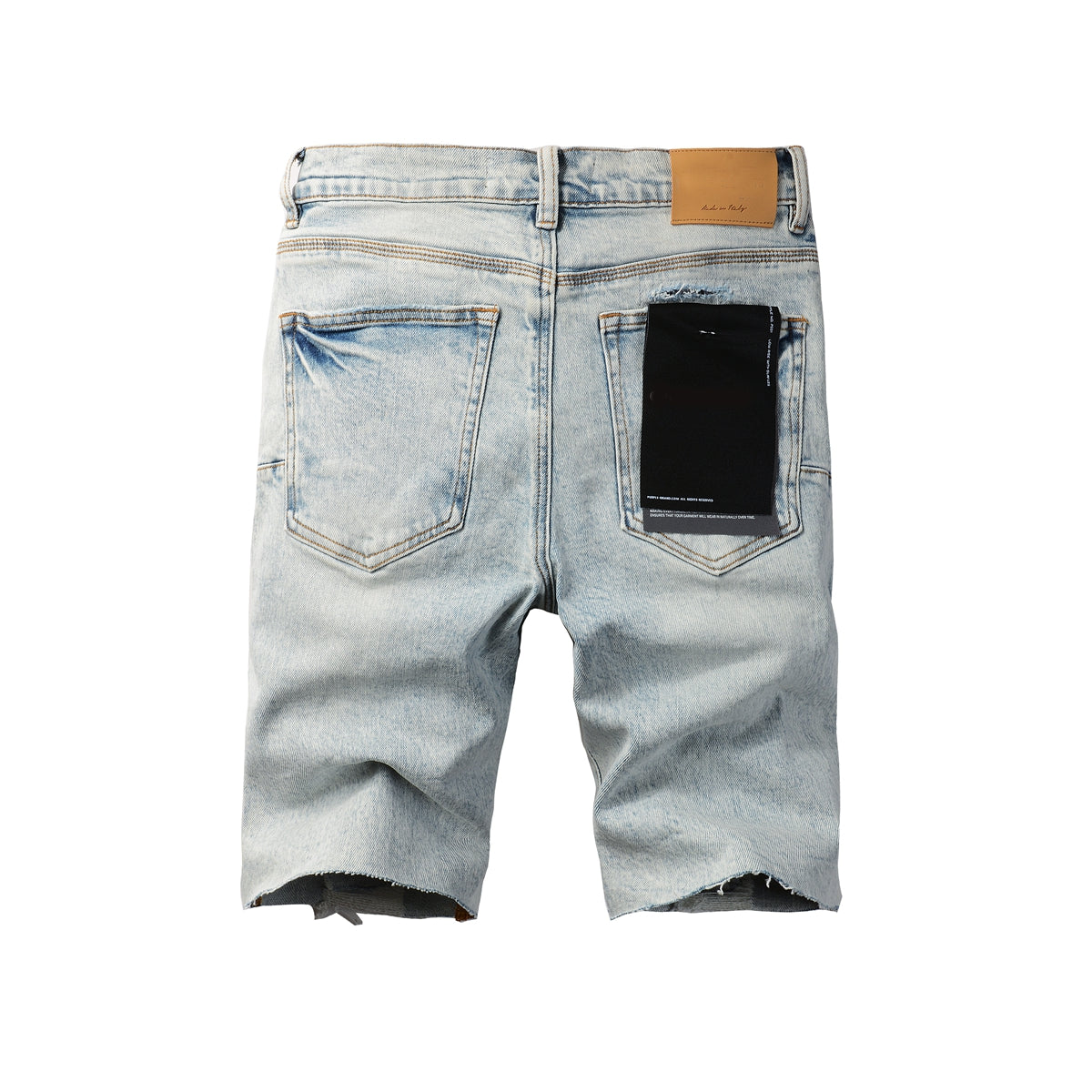 PURPLE Men Streetwear Denim Shorts Light Blue Wash with Leopard Print Patched Rips 5087