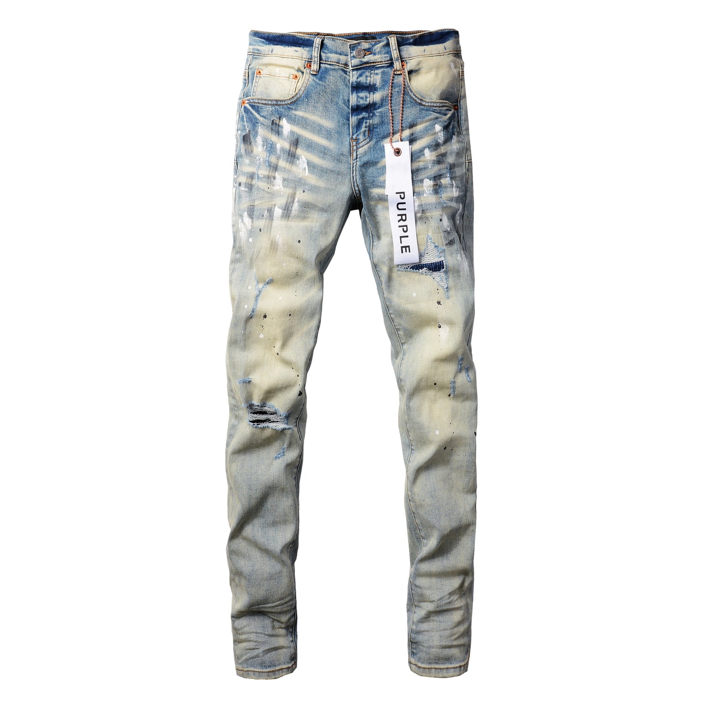 PURPLE  Men Streetwear Skinny Jeans Light Blue Wash with White Paint Splatter and Distressed Rips 9007