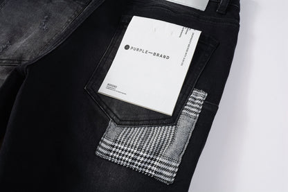 PURPLE  Men Streetwear Skinny Jeans Black Wash with Distressed Rips, Checkered Patches and White Paint Splatter 9001