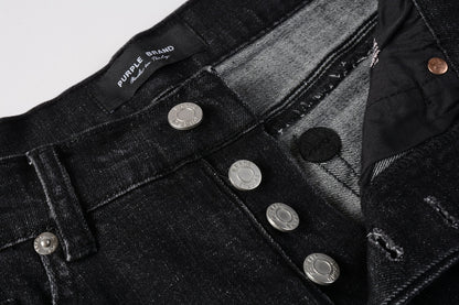 PURPLE   Men Streetwear Denim Shorts Black Wash with Distressed Rips and Raw Hem 5083