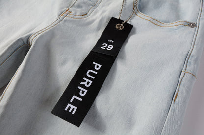 PURPLE  Men Streetwear Skinny Jeans Light Gray Wash with Minimalist Style and Tag Accent 9081